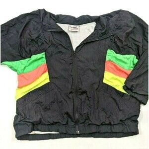 Vintage 80s 90s MS Sport‎ Women's Nylon Windbreaker Neon Colorblock Black Size M